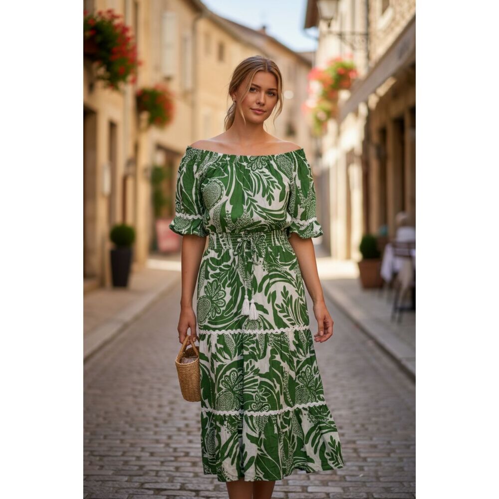 Mile Gabrielle Midi Dress L Green White Floral Tasseled Peasant Cottagecore Boho